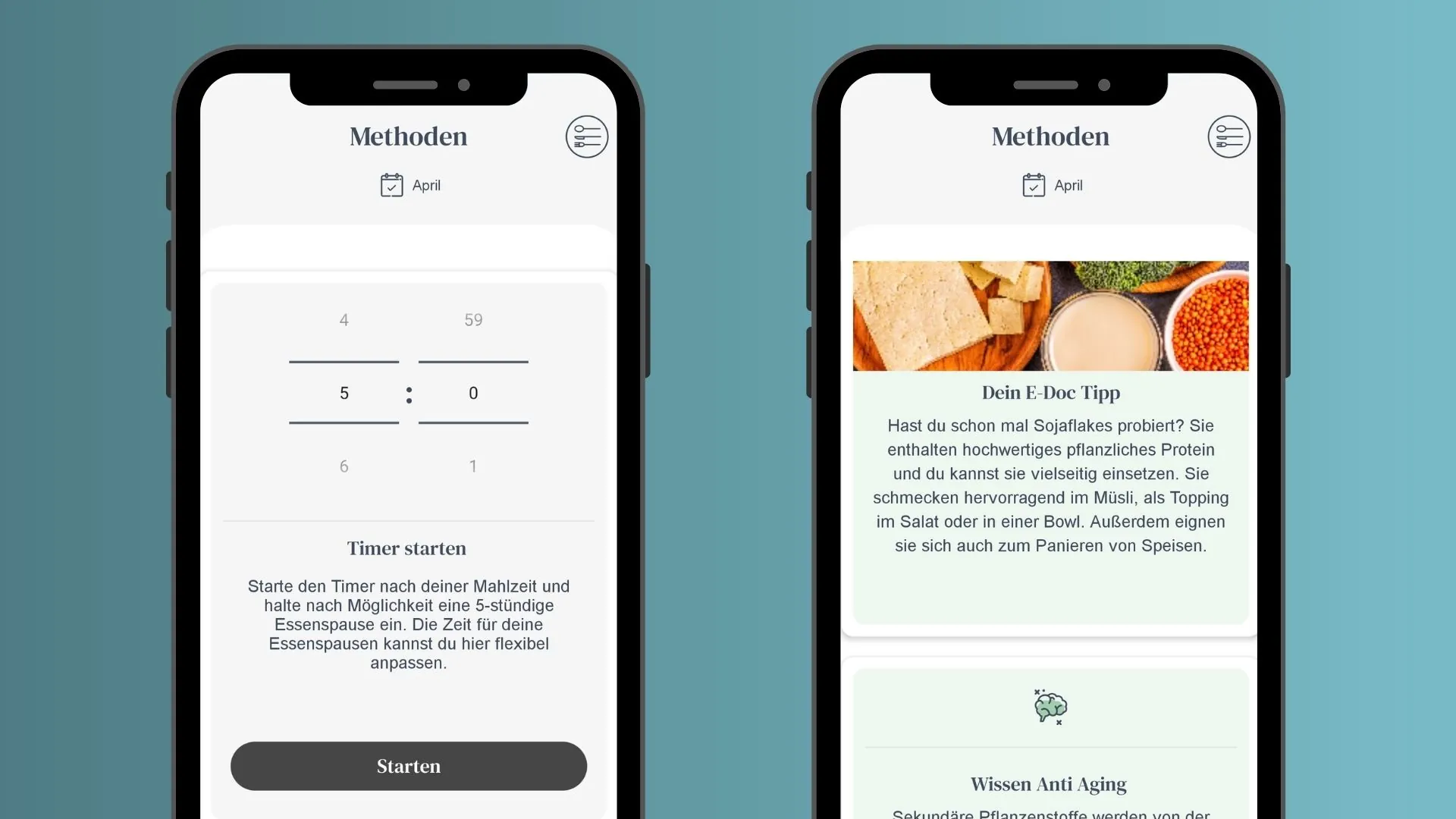 Hilft dabei, dein Essverhalten zu verändern: Zwei Screenshots, die den Timer für Intervallfasten und einen Ernährungstipp von Dr. Matthias Riedl vorstellen.